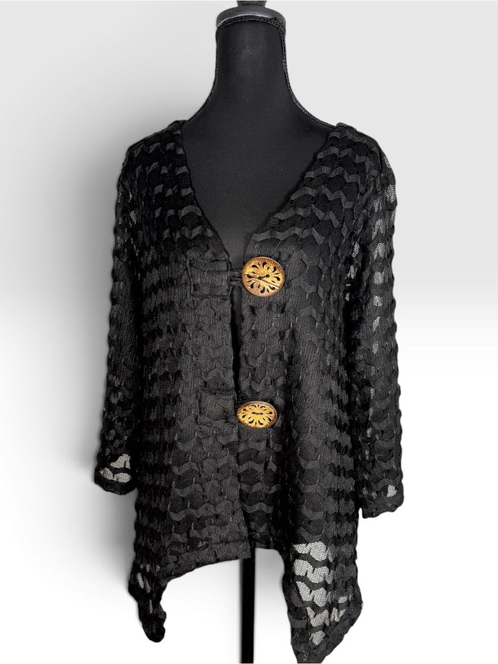 Nina Leonard XL Black Sheer Open Knit Cardigan Handkerchief Hem Button